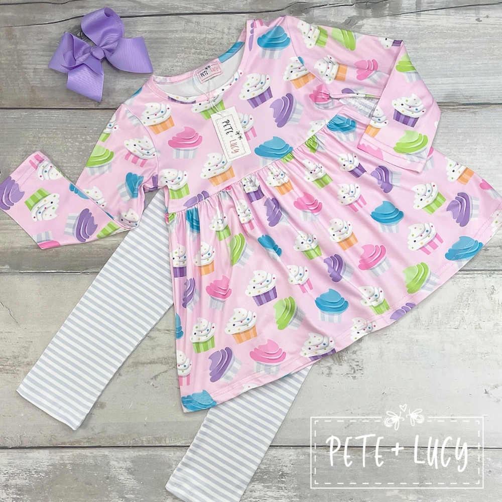 Pete and Lucy shirt and pants outfit set cupcake print milk silk material